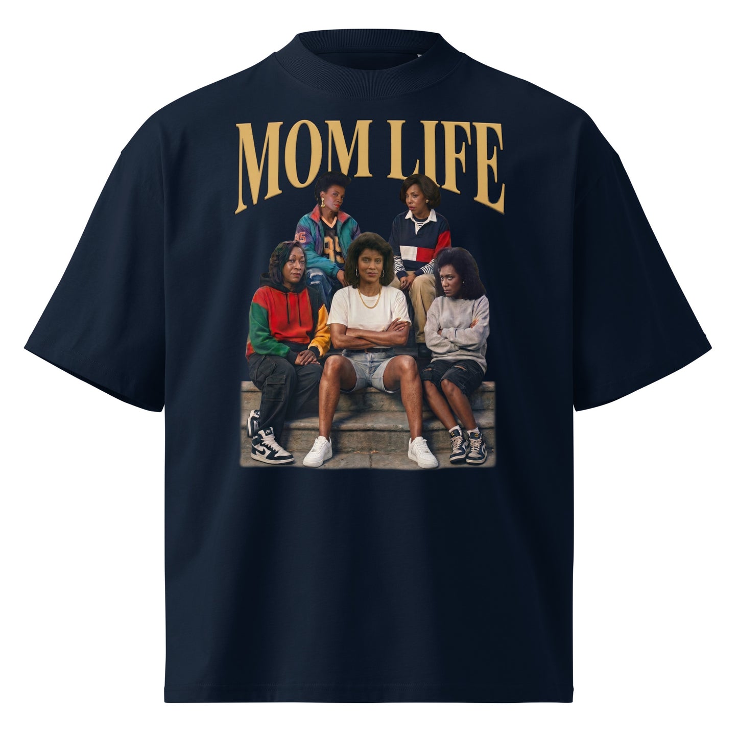 90s Nostalgia MOM LIFE Oversized High Neck Shirt | Vintage Millennial Style Navy 