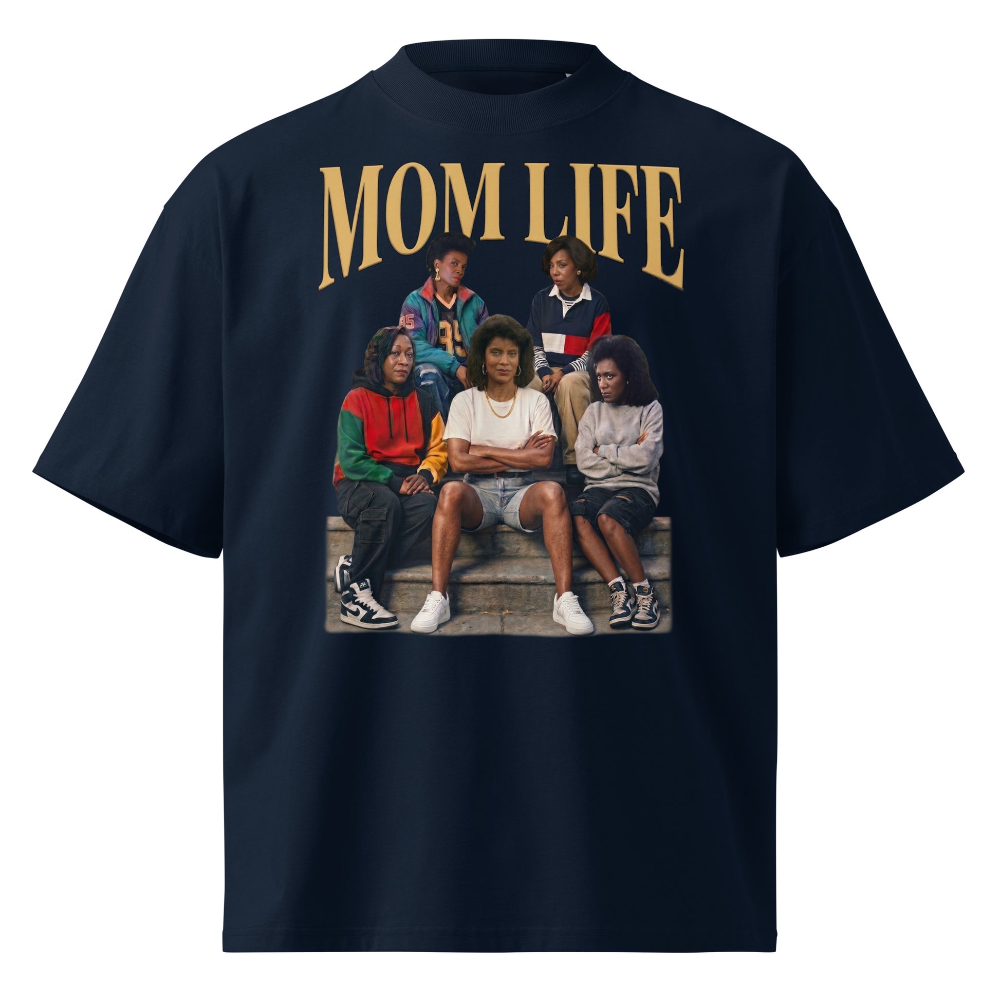 90s Nostalgia MOM LIFE Oversized High Neck Shirt | Vintage Millennial Style Navy 